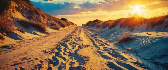 Wall Mural - sandy pathway leading through dunes at sunset with dramatic clouds and sunlight illuminating the landscape