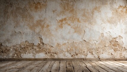 Poster - old weathered wall with cracked texture and wooden floor background in abandoned space
