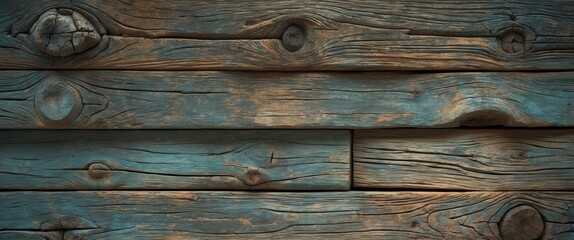 Poster - weathered blue wooden planks texture with natural grain and knots in horizontal alignment