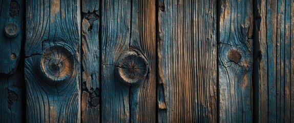 Poster - Detailed close-up of aged wooden planks with a blue and brown color scheme highlighting natural knots and textures.