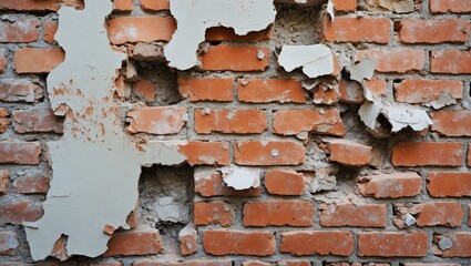 Poster - Textured exposed brick wall with peeling paint and visible damage in a weathered appearance