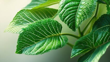 Poster - Close-up of fresh green leaves with detailed vein structure on a blurred natural background.