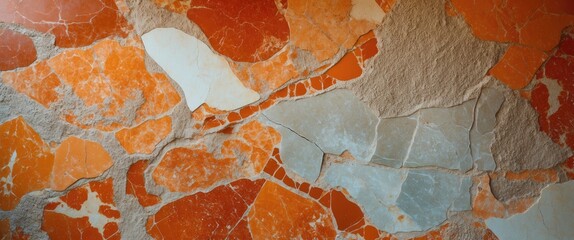 Poster - Orange and gray textured stone wall surface with various fragment shapes and patterns suitable for background use