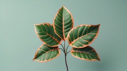 Poster - Green tropical leaves with distinctive orange edges against a light blue background, highlighting their intricate patterns and textures