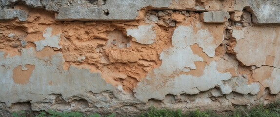 Poster - Textured old wall with peeling paint and rough surface showing a mix of orange and white tones with visible wear and cracks.