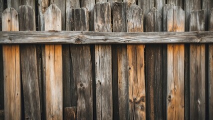 Poster - Weathered wooden fence with vertical planks in varying shades of brown and gray showing texture and rustic charm.