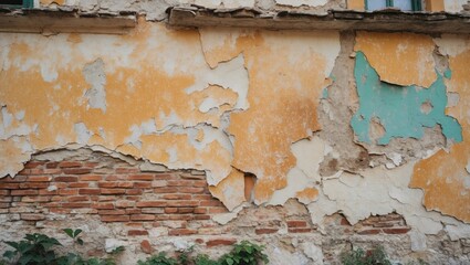 Poster - weathered peeling paint and exposed brick on an old wall with green shutters and vegetation growing 