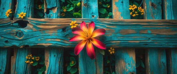 Poster - Colorful flower on weathered wooden planks surrounded by green leaves and small yellow flowers creating a rustic natural setting