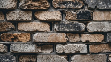 Poster - Textured wall made of various colors and shapes of rustic bricks arranged in a regular pattern for architectural backgrounds