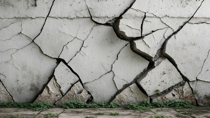 Poster - cracked concrete wall with peeling paint and green weeds at the base in an urban environment