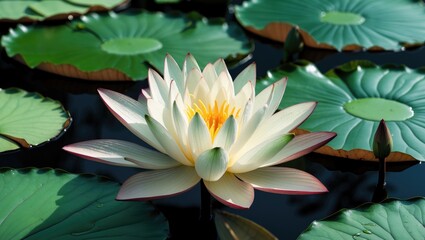 Poster - White water lily blooming among green lily pads in a tranquil pond setting with reflections on the water surface.