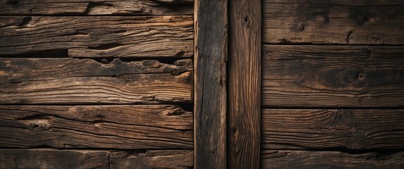 Poster - Wooden wall texture with weathered dark brown planks and a vertical timber beam creating a rustic background.