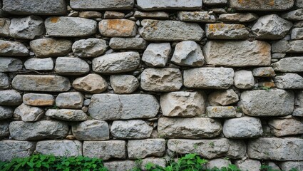 Poster - Textured stone wall with various sizes of weathered stones and green creeping plants at the base in natural lighting.