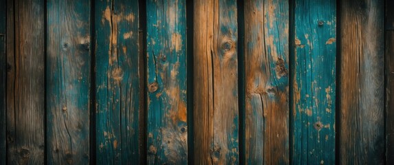 Poster - Textured wooden planks in varying shades of brown and teal with weathered and aged details, suitable for backgrounds and designs