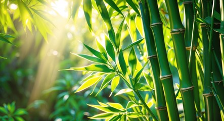 Poster - Close-up of vibrant green bamboo stalks and leaves illuminated by sunlight in a natural setting.