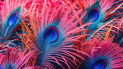 Poster - Vibrant colorful peacock feathers with intricate patterns and textures in shades of pink, blue, and orange arranged closely together.