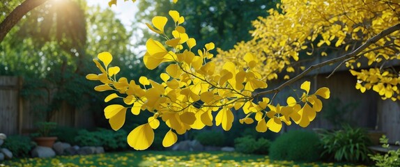 Poster - Bright yellow ginkgo biloba leaves on a tree branch in a lush green garden with sunlight filtering through the foliage