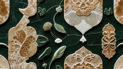 Poster - Decorative stone wall art featuring intricate floral and geometric patterns in cream and green tones