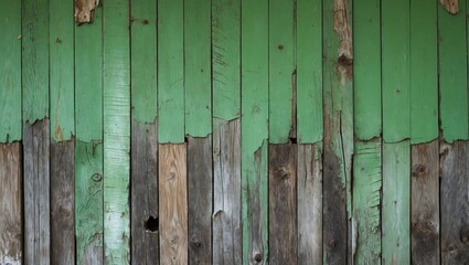 Poster - aged wooden wall with green paint peeling off revealing weathered gray planks underneath with varyin