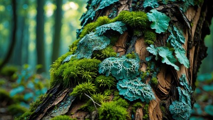 Poster - Close-up of textured tree bark covered with vibrant green moss and lichen in a forest environment with soft natural lighting