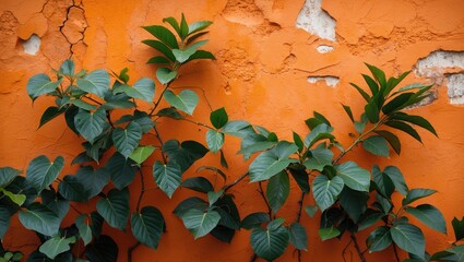 Poster - Green foliage against a textured orange wall with visible cracks and peeling paint
