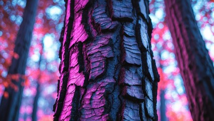 Poster - close-up of textured tree bark with vibrant purple and blue lighting and colorful foliage in a fores