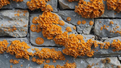 Poster - Orange lichen growing on a weathered stone wall showcasing texture and color contrast in a natural environment.