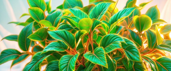 Poster - Vibrant green leaves of a houseplant with glossy texture and sunlight highlighting edges on a soft background