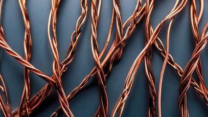 Poster - Close-up of intertwined copper wires on a dark background displaying intricate patterns and textures.