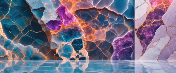 Poster - Colorful agate stone texture with vibrant hues and intricate patterns reflecting on a smooth surface.