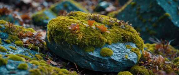 Poster - Moss covered rock surrounded by autumn leaves in a natural outdoor setting with a soft blurred background
