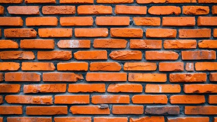 Poster - textured orange brick wall with various shades and patterns of bricks arranged in a uniform structure