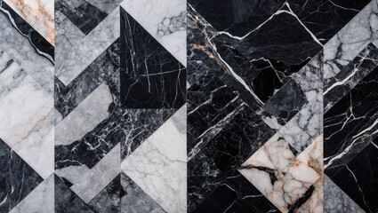 Poster - Geometric pattern of black and white marble textures with accents of gold veins in a modern architectural design layout