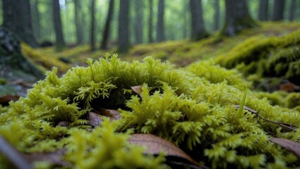 Poster - Moss covered ground in a dense forest with soft lighting and blurred tree trunks in the background.