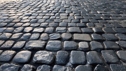 Poster - Cobblestone pavement texture with varying stone sizes and shaded surfaces in outdoor setting under natural lighting