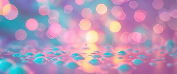 Poster - colorful bokeh background with water droplets on a reflective surface showcasing soft light and past