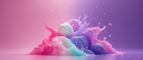 Poster - Colorful abstract splash of liquid paint with bubbles and waves in pink, purple and blue tones against a soft gradient background