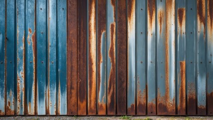 Poster - Rusty corrugated metal texture in various colors showing weathering and aging effects on a vertical surface
