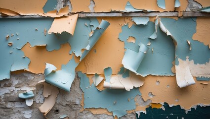 Poster - peeling paint on a textured wall revealing multiple colors and layers of old paint in a close-up vie