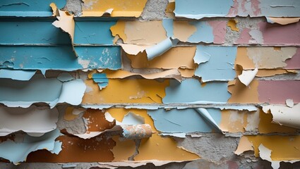 Poster - peeling paint textures on weathered wall with layers of blue, yellow, and pink colors in abstract de