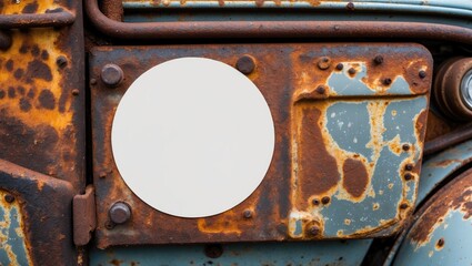 Poster - Rusty surface of an old vehicle with a blank circular label on a weathered blue metal background with peeling paint and corrosion.
