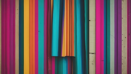 Poster - Colorful vertical wooden planks in vibrant shades of turquoise, magenta, orange, and yellow arranged in a panel pattern