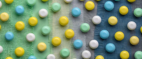 Poster - Colorful round buttons arranged on textured fabric background in various colors and patterns