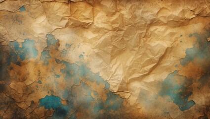 Poster - Textured vintage paper with crumpled surface and blue and brown color splashes creating an abstract background design.