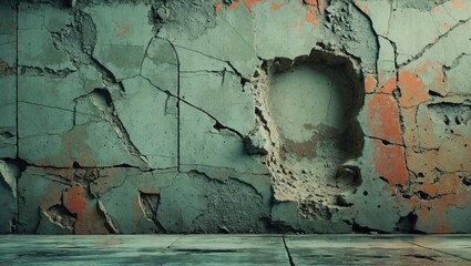 Poster - Cracked and chipped concrete wall with large hole and peeling paint in urban environment interior setting