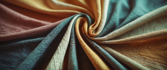 Poster - Colorful textured fabric in swirling pattern showcasing multiple shades of orange, teal, and beige draped on a flat surface.
