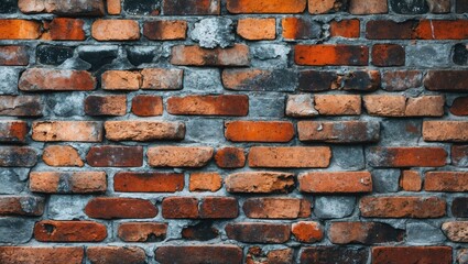 Poster - Red and gray brick wall texture with uneven surface and varied brick sizes, showcasing rustic architectural design elements.