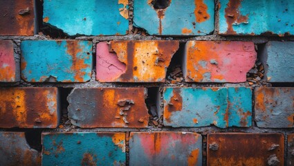 Poster - Colorful weathered brick wall with patches of rust and peeling paint in shades of blue, orange, and pink textures.