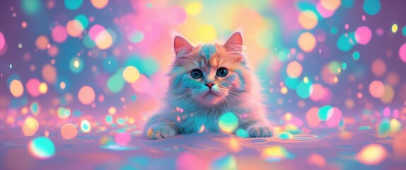 Poster - Colorful abstract background with a cute fluffy cat surrounded by vibrant bokeh lights and soft pastel hues.