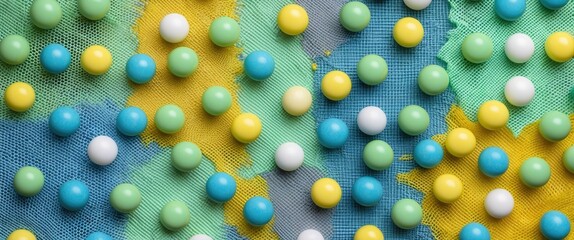 Poster - Colorful round plastic balls arranged on textured background with a mix of blue, green, yellow, and white colors for visual contrast.